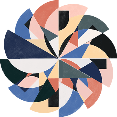 A large circular fan-like symbol, created from overlapping colorful semicircles