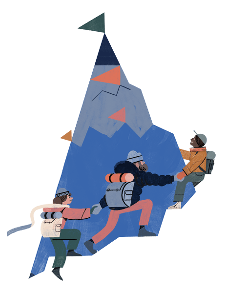 Three people helping each other climb a mountain dotted with flags.