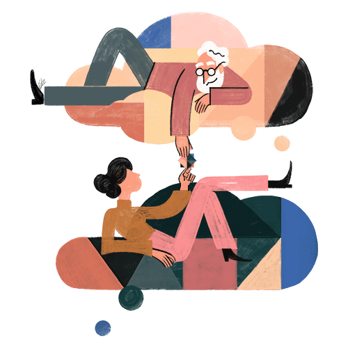 Two people lying on clouds. One is handing another a small token.