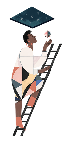 A woman climbing a ladder. She has a symbol in her hand that she's placing in the night sky.
