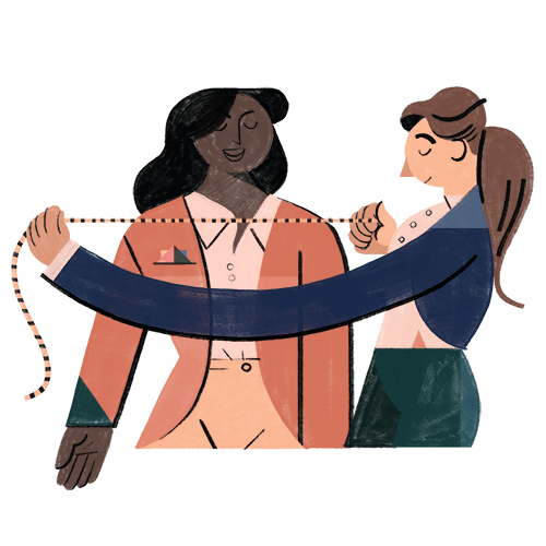 One person taking another person's measurements for a suit.